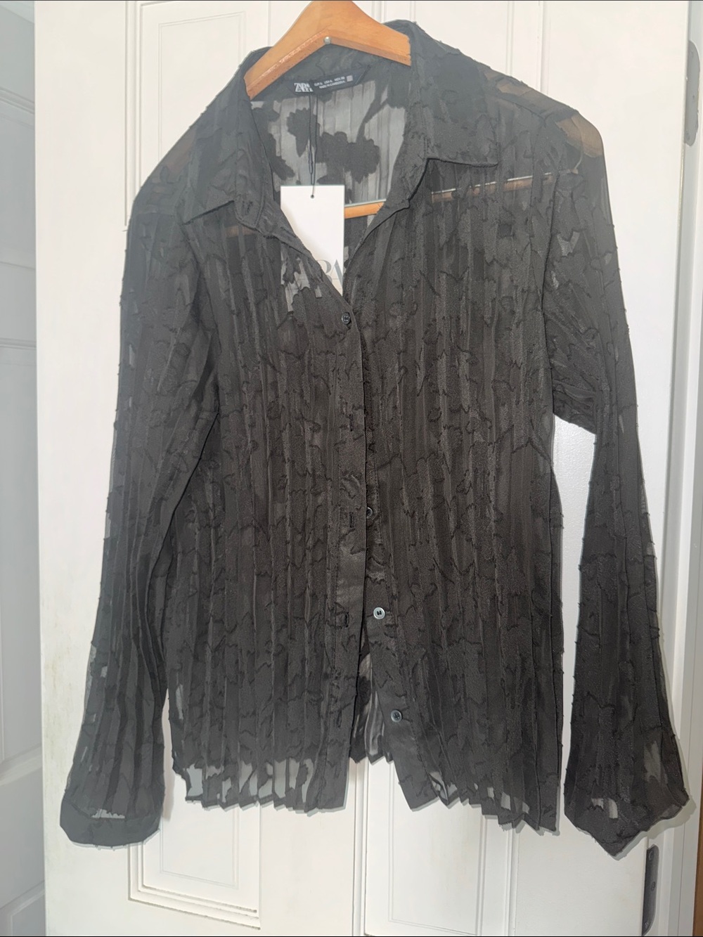 Zara Black Sheer Textured Button-Down Shirt